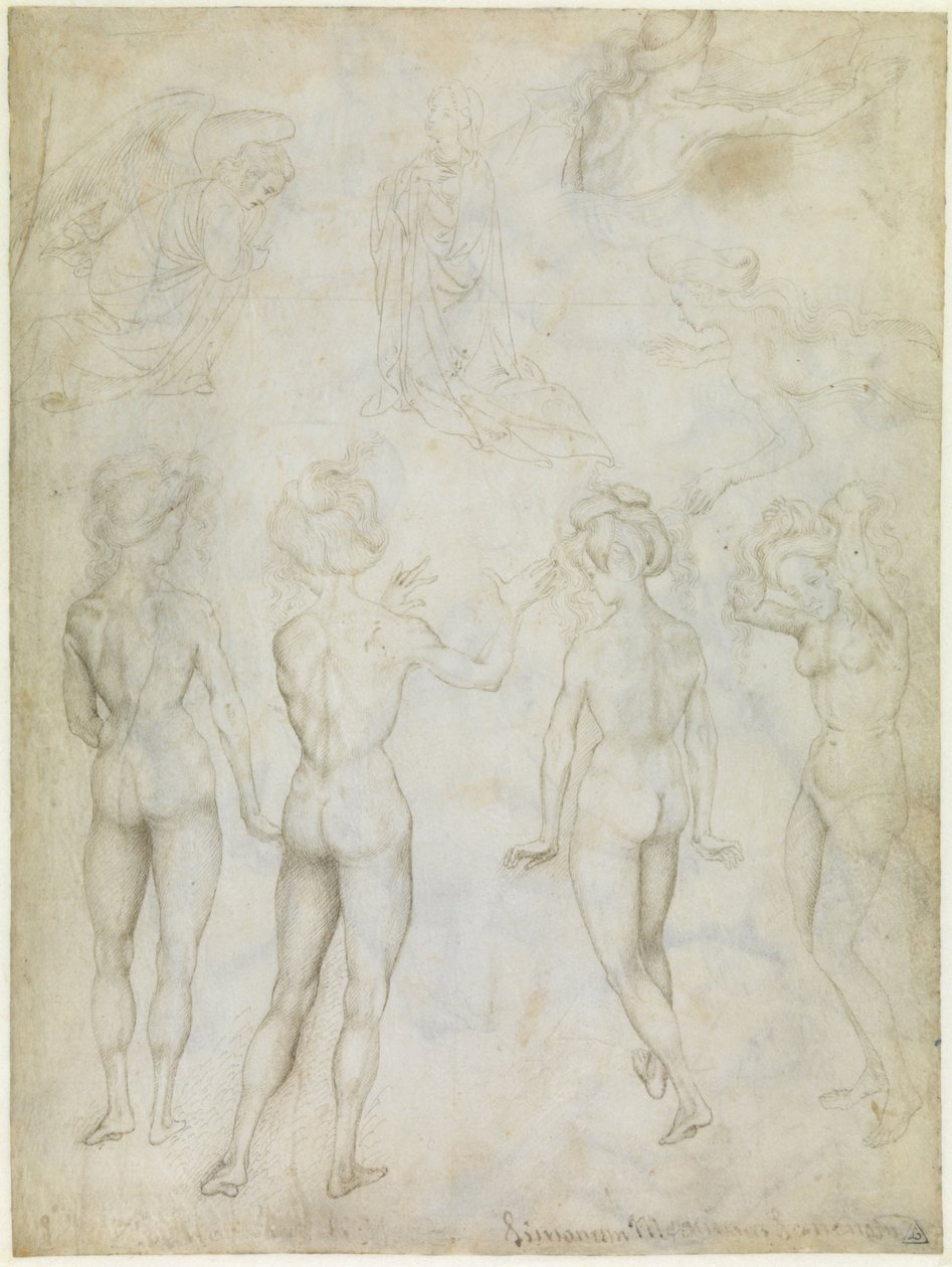 Vier studies van een vrouwelijk naakt, een annunciatie en twee studies van een zwemmende vrouw, ca. 1425 (metalpoint, pen en potlood in bruin op perkament) door Antonio Pisanello
