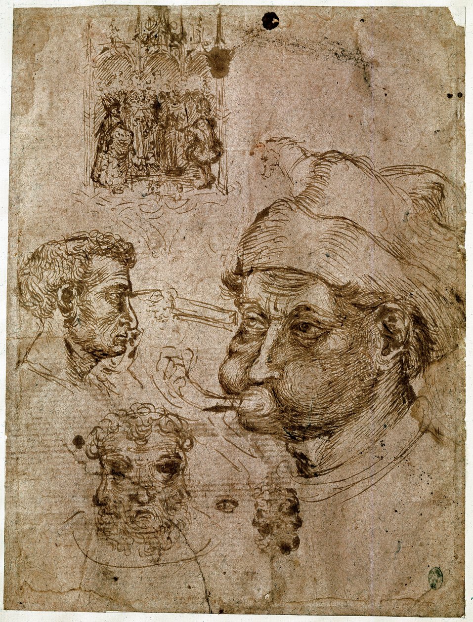 Vier mannenhoofden, waarvan twee met drie gezichten. Een altaarstuk. Een paard. Tekeningen uit het atelier van Antonio di Puccio Pisano, genaamd Pisanello (1395-1455). Bruine inkt, pen (tekening), bloed. Dim: 27,1x20,5cm. Louvre, Cabinet des medailles. door Antonio Pisanello