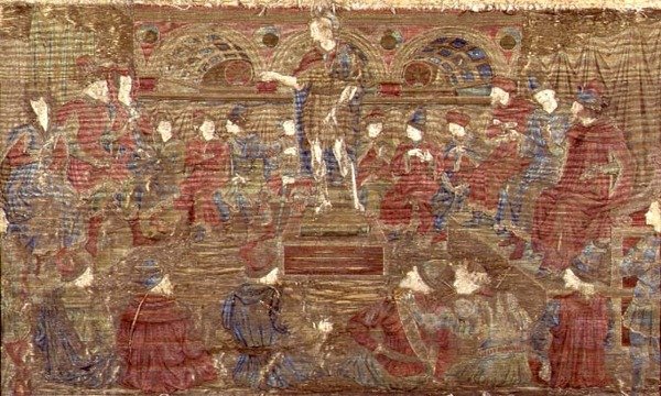St. Johannes de Doper berispt Herodes, wandtapijt met scènes uit het leven van de heilige door Antonio Pollaiuolo