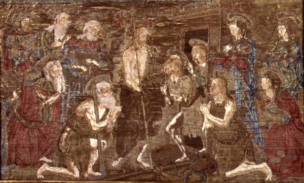 De nederdaling van Christus in de hel en de bevrijding van Johannes de Doper, wandtapijt met scènes uit het leven van de heilige door Antonio Pollaiuolo