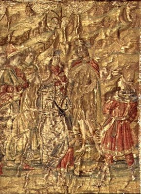 De ontmoeting tussen St. Johannes de Doper en de belastinginners, wandtapijt met scènes uit het leven van de heilige door Antonio Pollaiuolo