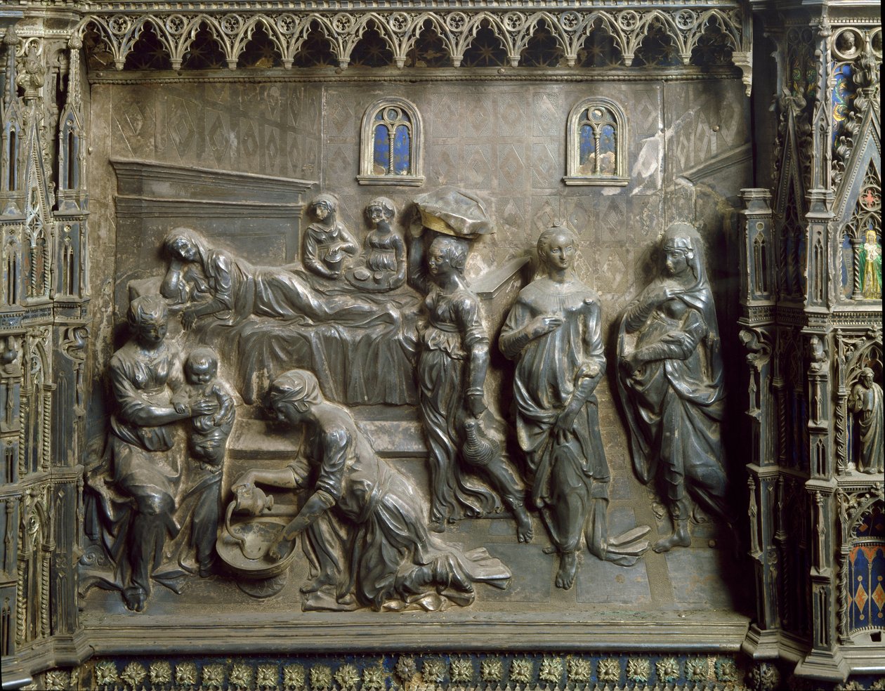 De geboorte van Johannes de Doper. Zilveren reliëf door Antonio Pollaiuolo
