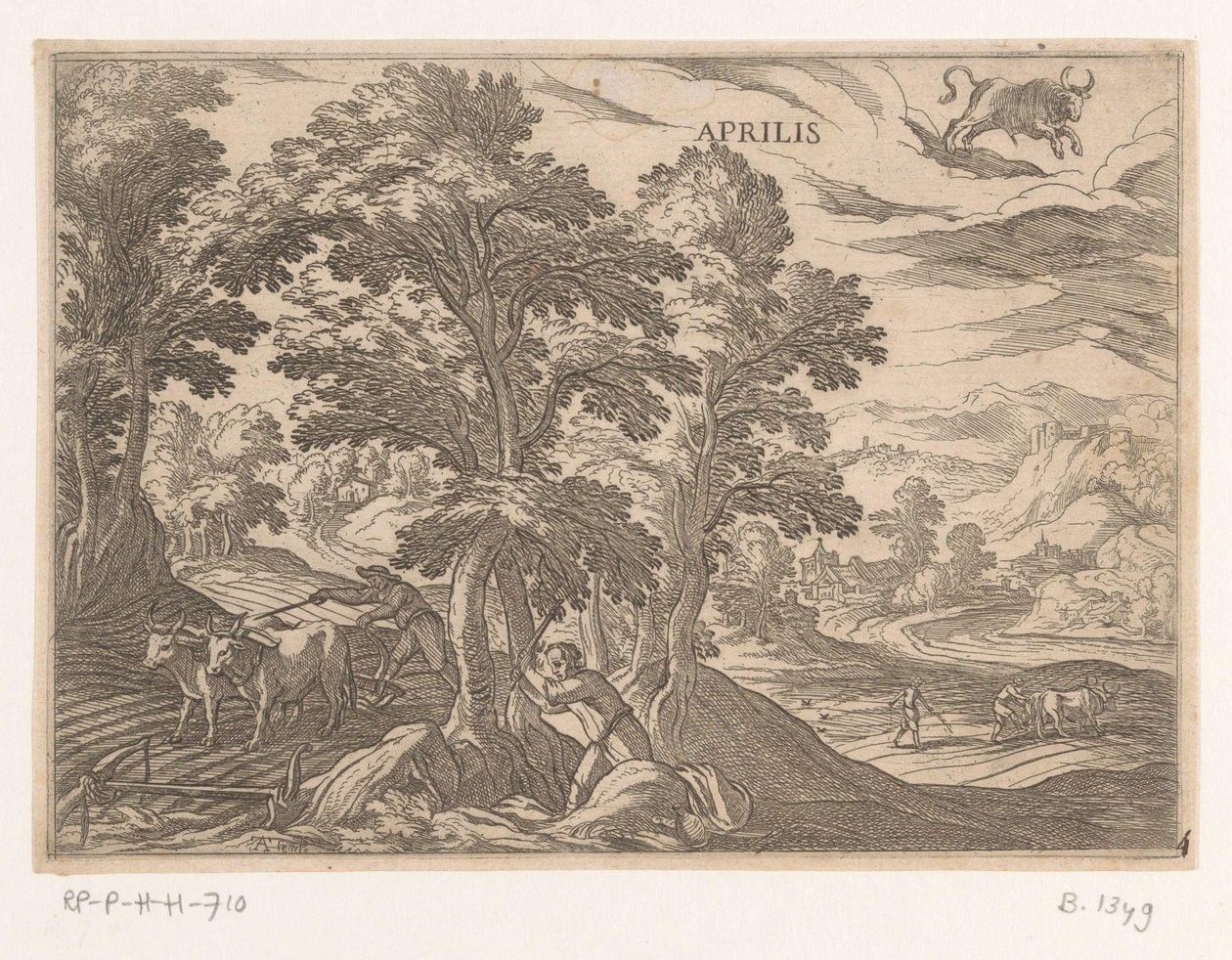 April: ploegen en zaaien (stier) door Antonio Tempesta