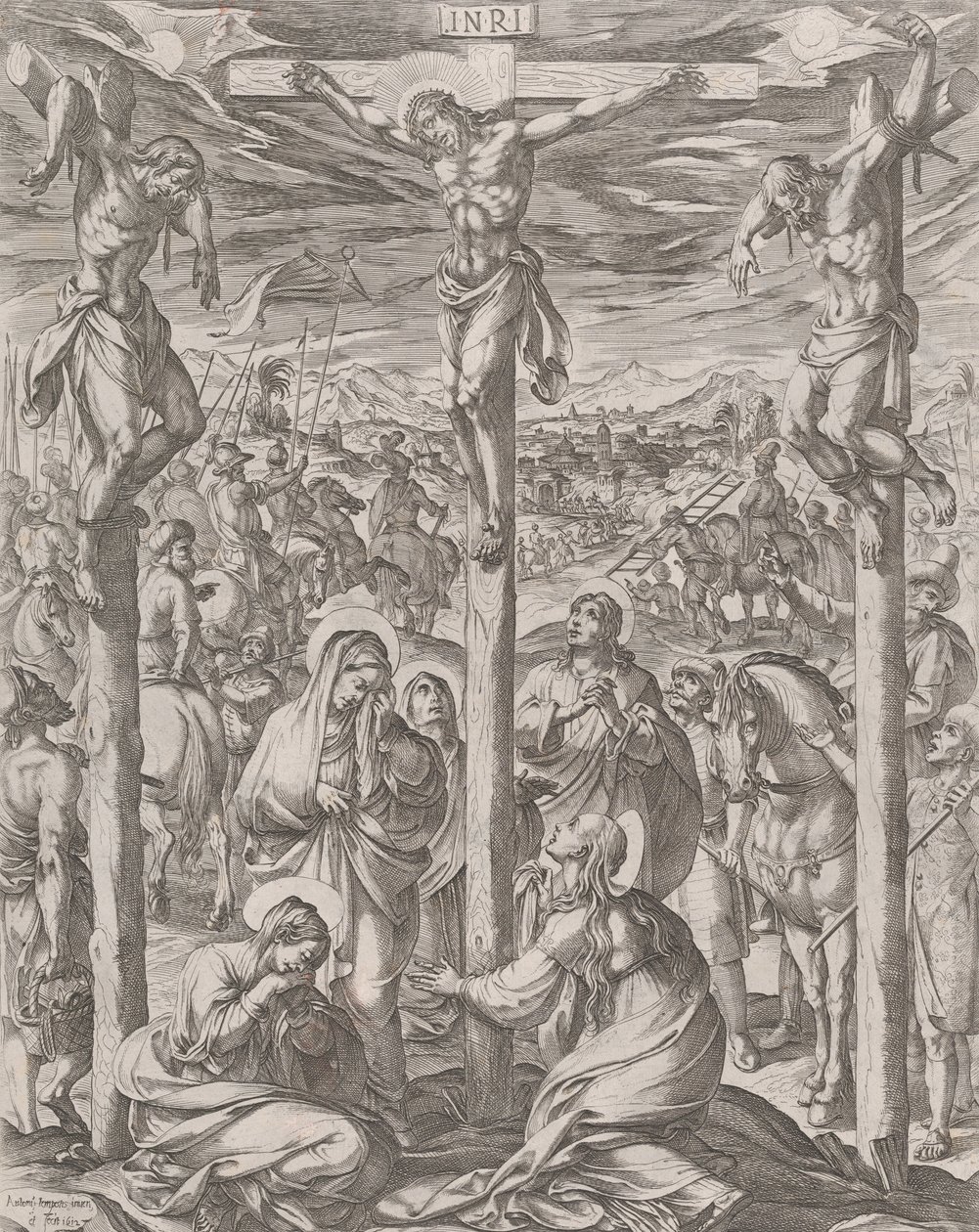 Christus gekruisigd tussen de twee dieven, de drie Maria
