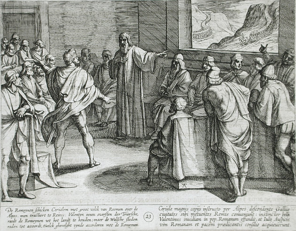 Beraad over de te nemen maatregelen bij de nadering van de nieuwe troepen van de Romeinen over de Alpen door Antonio Tempesta
