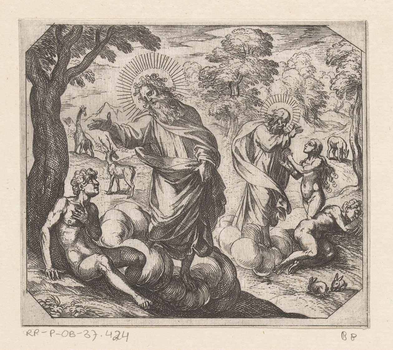 De schepping van Adam en Eva (series title: De schepping) door Antonio Tempesta