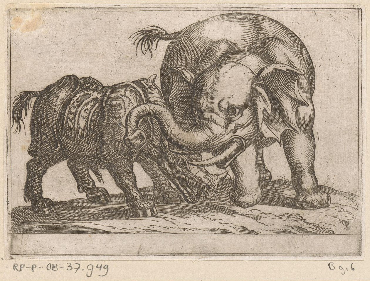 Een neushoorn vecht met een olifant door Antonio Tempesta