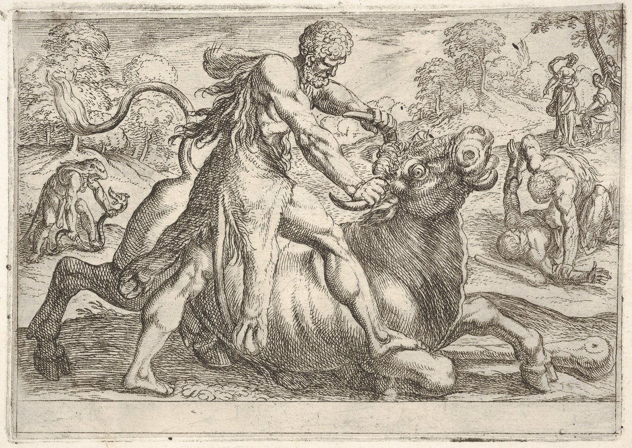 Hercules en Achelous: in het midden grijpt Hercules de hoorns van een stier terwijl hij zijn ri... door Antonio Tempesta
