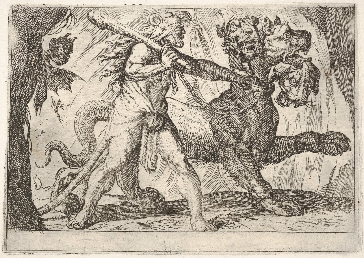 Hercules en Cerberus: Hercules grijpt de halsband van Cerberus, twee demonen verschijnen links..., 1608 door Antonio Tempesta