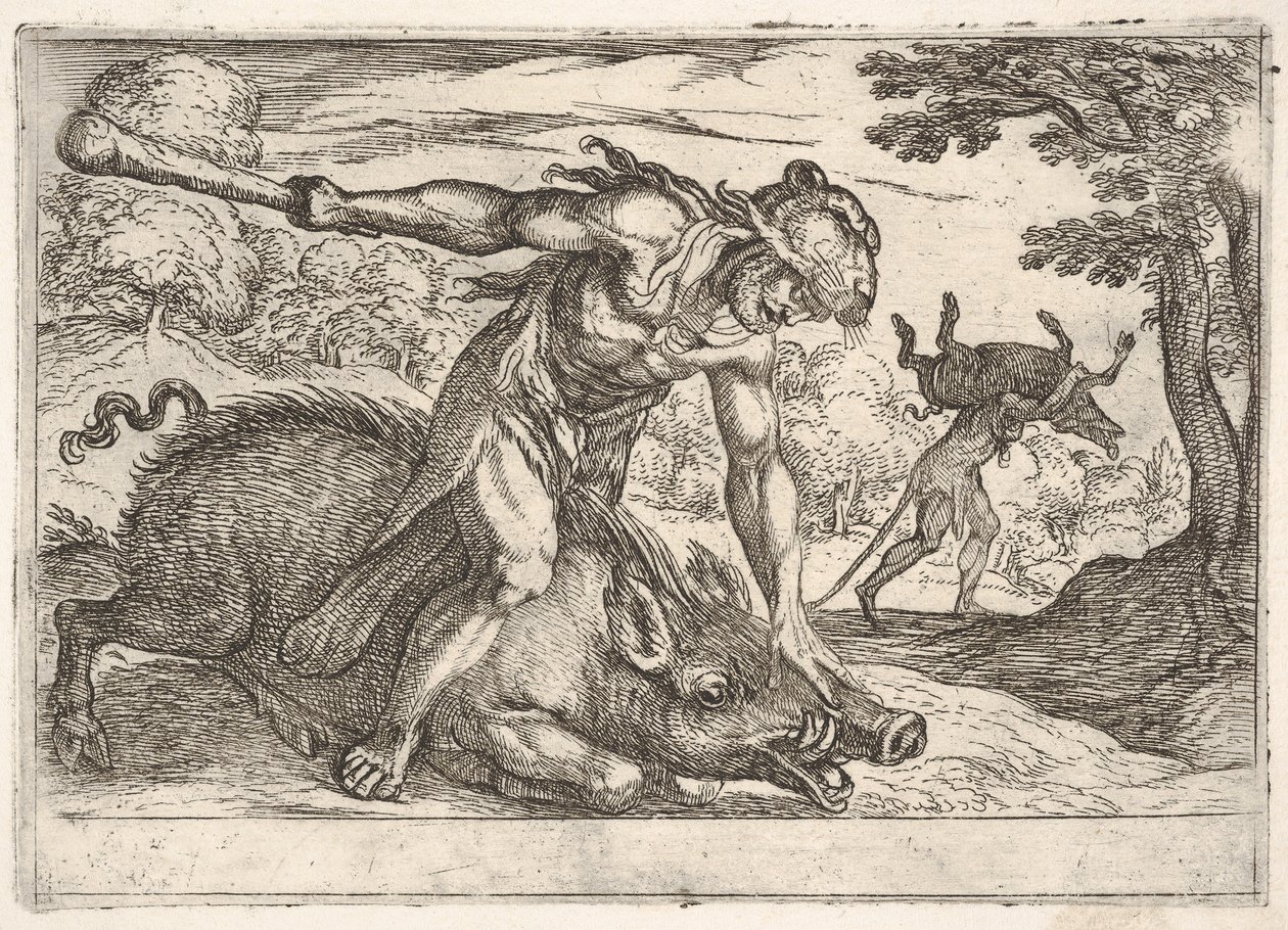 Hercules en het Erymanthische Zwijn: Hercules houdt de snuit van het zwijn vast met zijn linkerhand door Antonio Tempesta