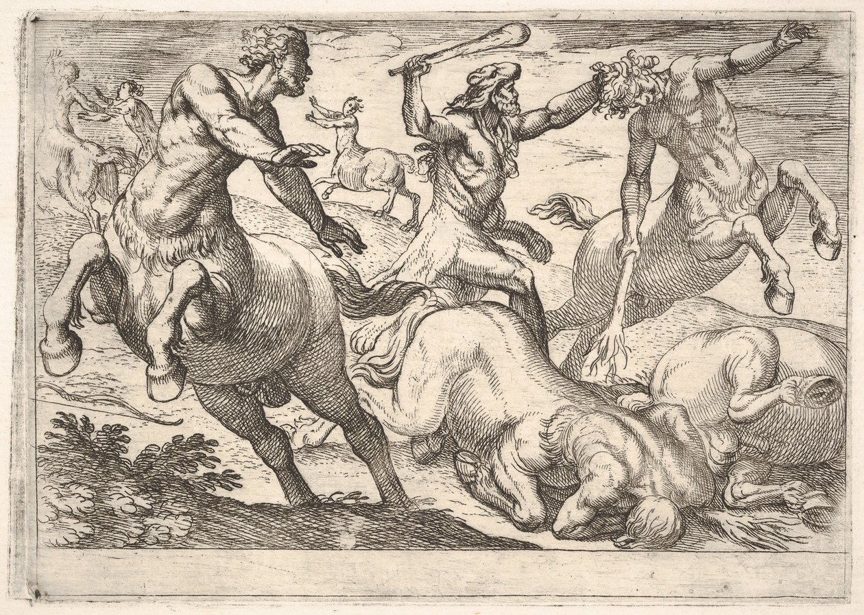 Hercules en de centauren: Hercules houdt het hoofd van een centaur vast met zijn linkerhand en heft..., 1608 door Antonio Tempesta