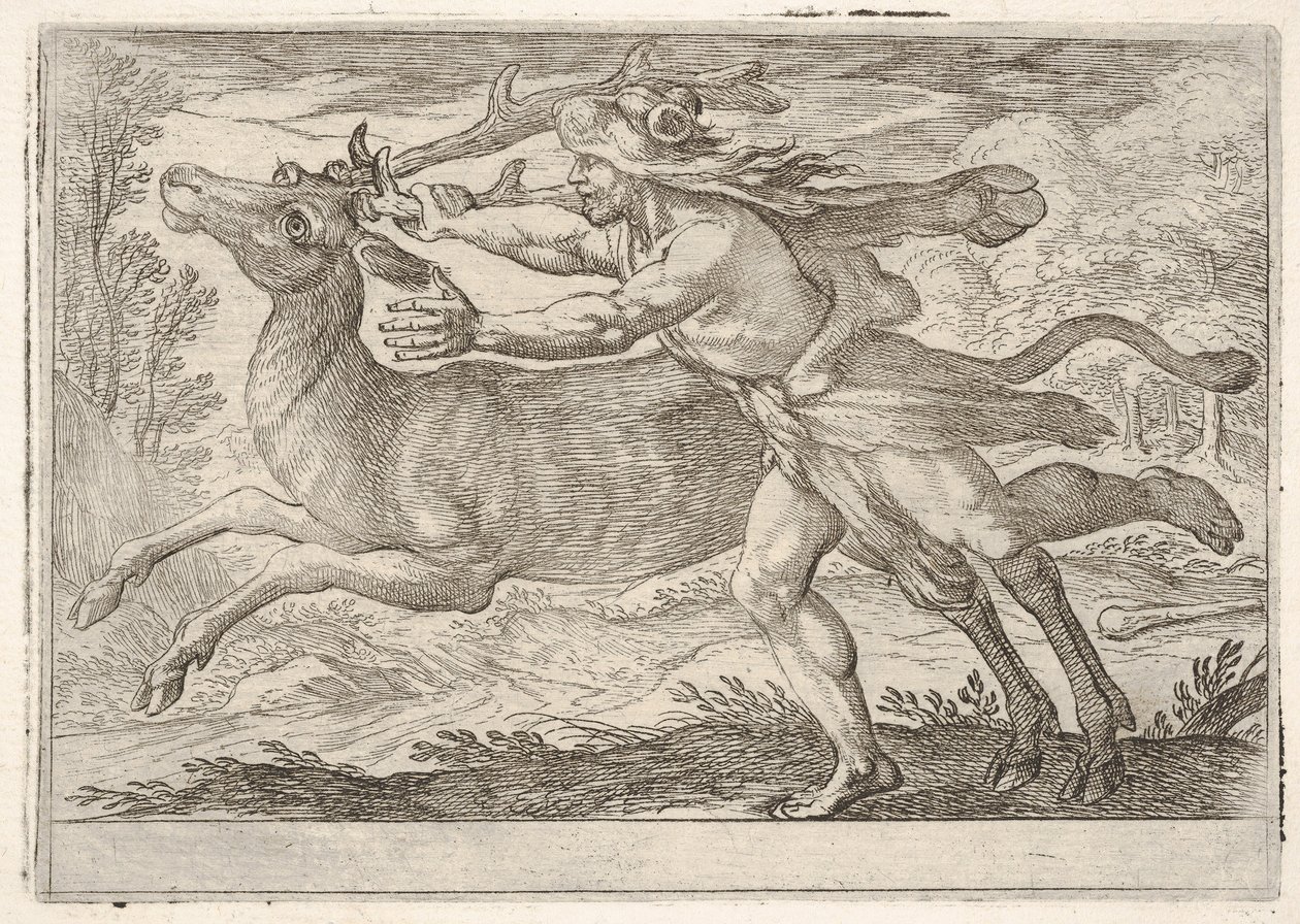 Hercules en de hinde van de berg Cerynea: Hercules loopt naast de hinde en grijpt de... door Antonio Tempesta