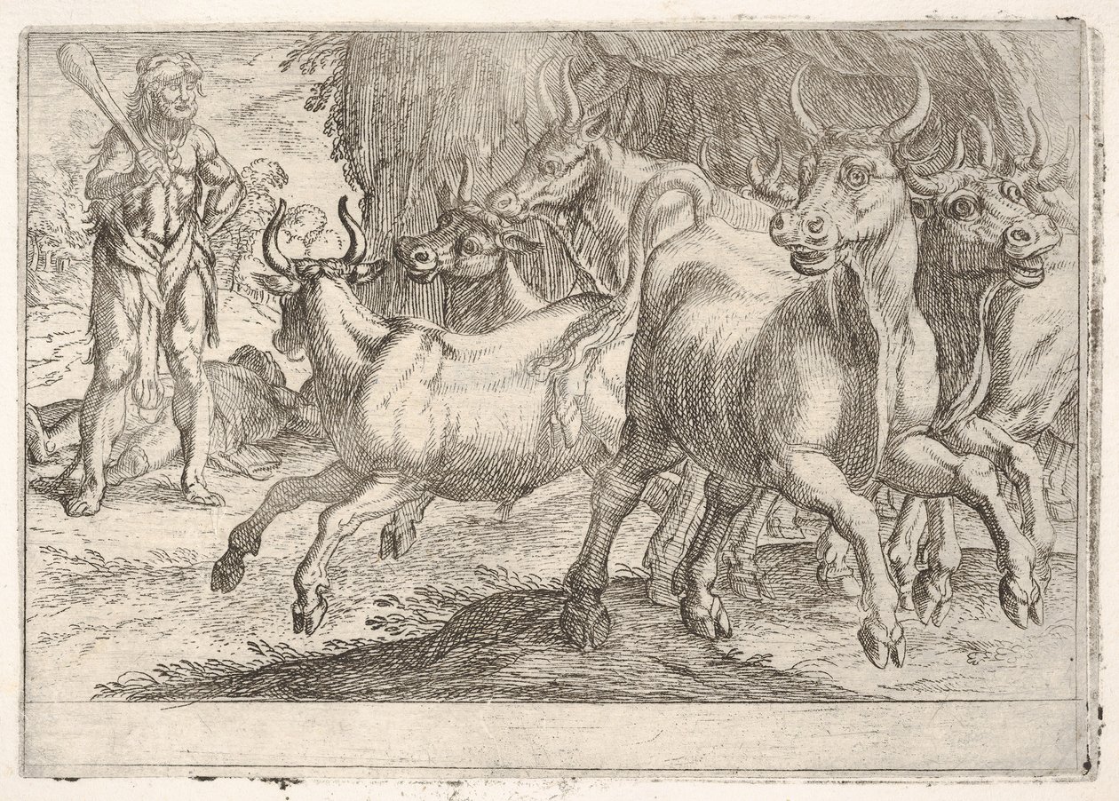 Hercules en de ossen van Geryones: met een opgeheven knuppel in zijn rechterhand, Hercules geconfronteerd door Antonio Tempesta