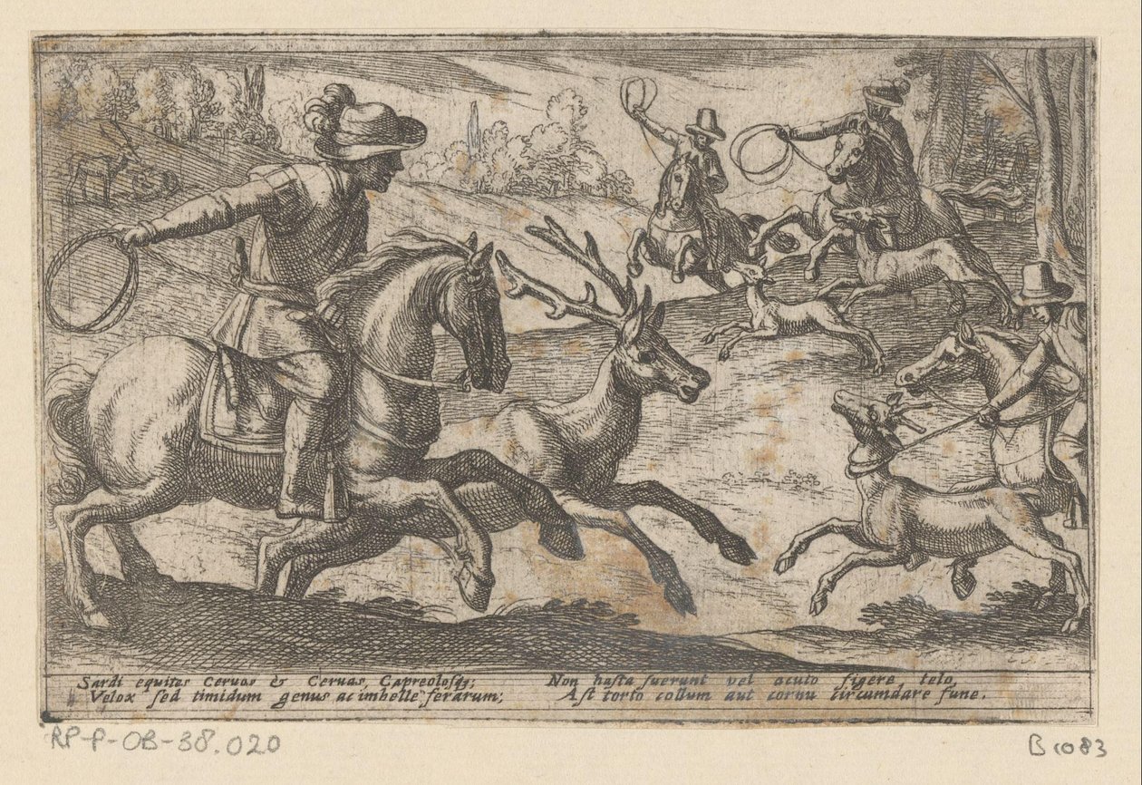 Jagers vangen herten met touwen door Antonio Tempesta