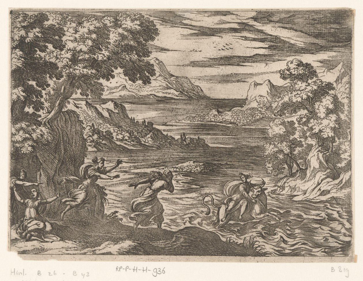 Landschap met de ontvoering van Europa. Landschappen met mythologische scènes door Antonio Tempesta