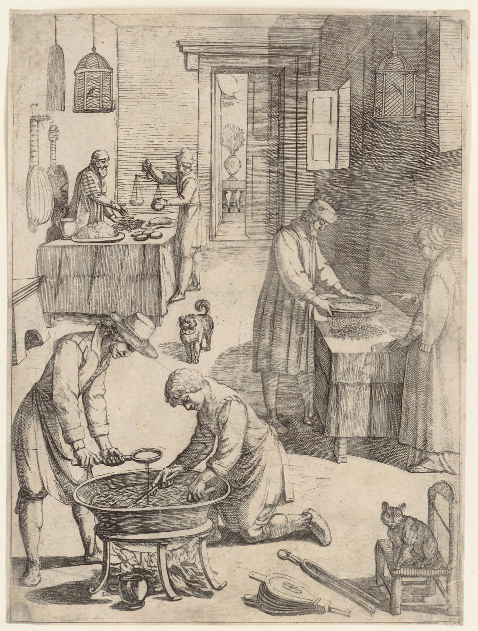 Mannen en vrouwen die gewicht meten, zeven en bouillon koken door Antonio Tempesta
