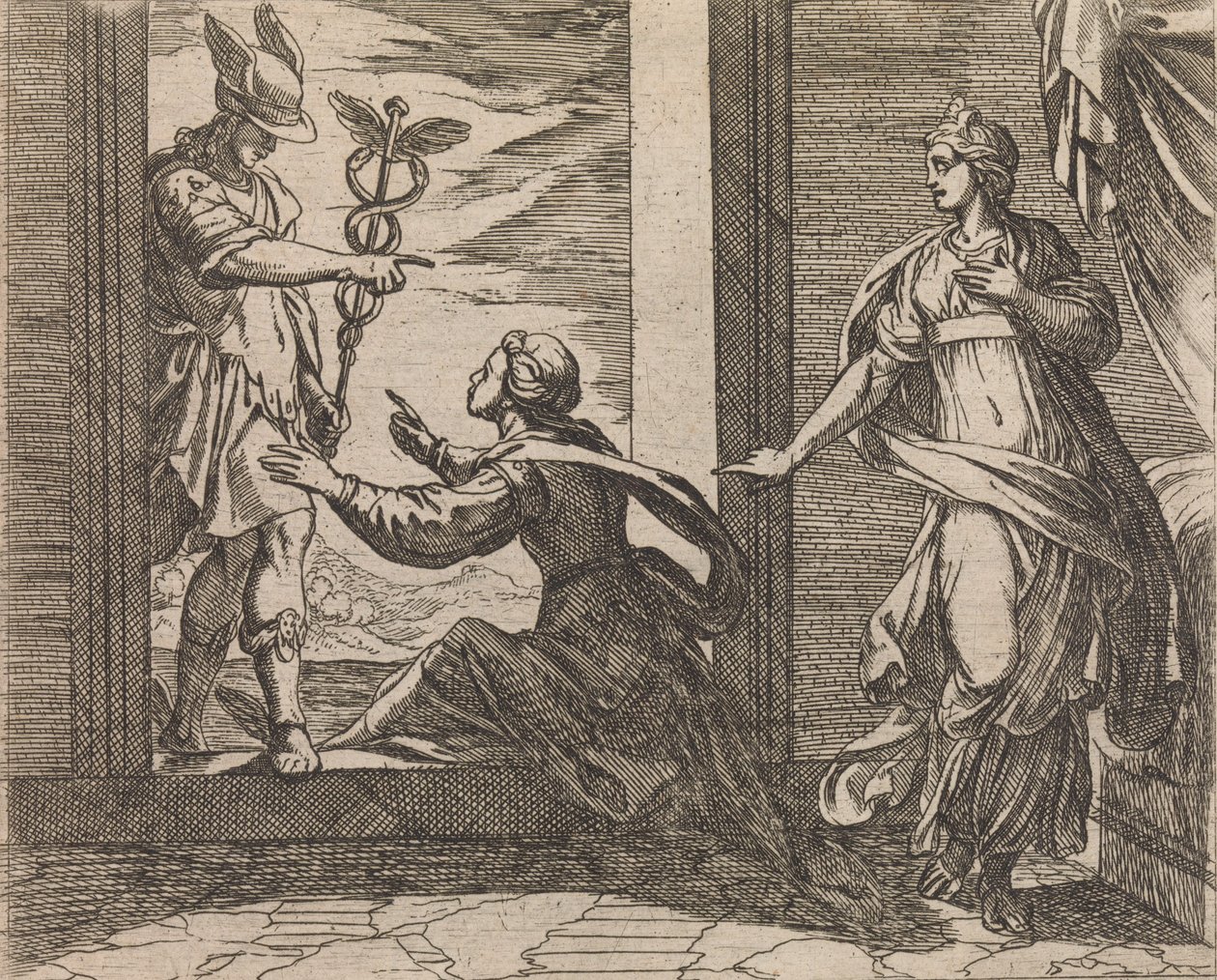 Mercurius verandert Aglauros in steen Aglauros a Mercurio in lapidem transfor..., gepubliceerd na 1606 door Antonio Tempesta