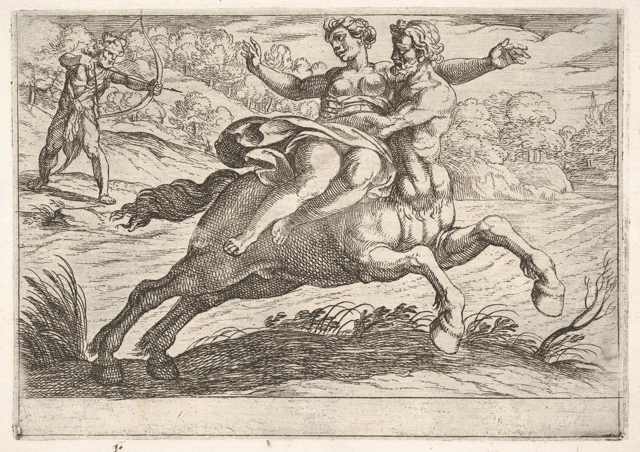 Nessus probeert Dejanira van Hercules te nemen: Nessus houdt Dejanira op zijn rug..., 1608 door Antonio Tempesta