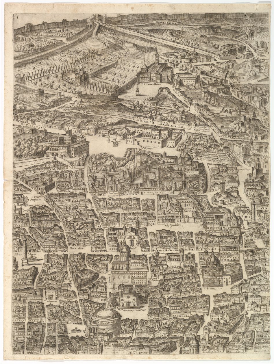 Plan van de stad Rome. Deel 3 met de Santa Maria Maggiore, het Pantheon en Trajanus
