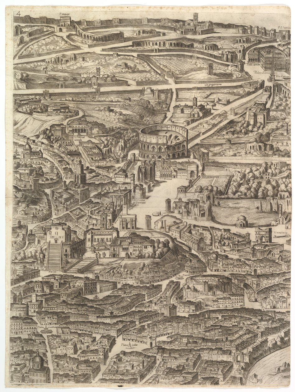 Plan van de Stad Rome. Deel 4 met de Santa Maria in Aracoeli, het Forum Romanum door Antonio Tempesta