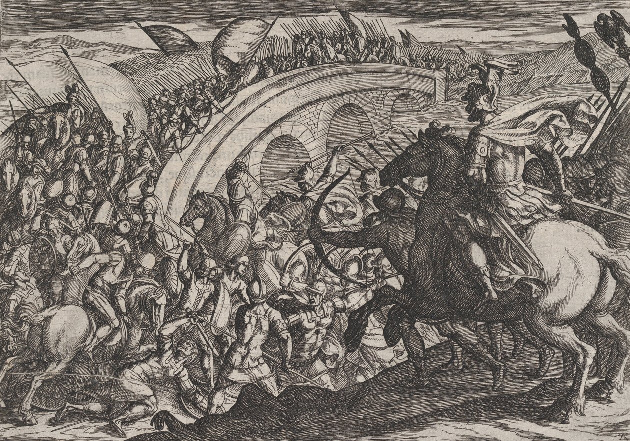 Plaat 11: Troepen van Civilis steken de Maas over, uit De Oorlog van de Romeinen Tegen de ..., 1611 door Antonio Tempesta