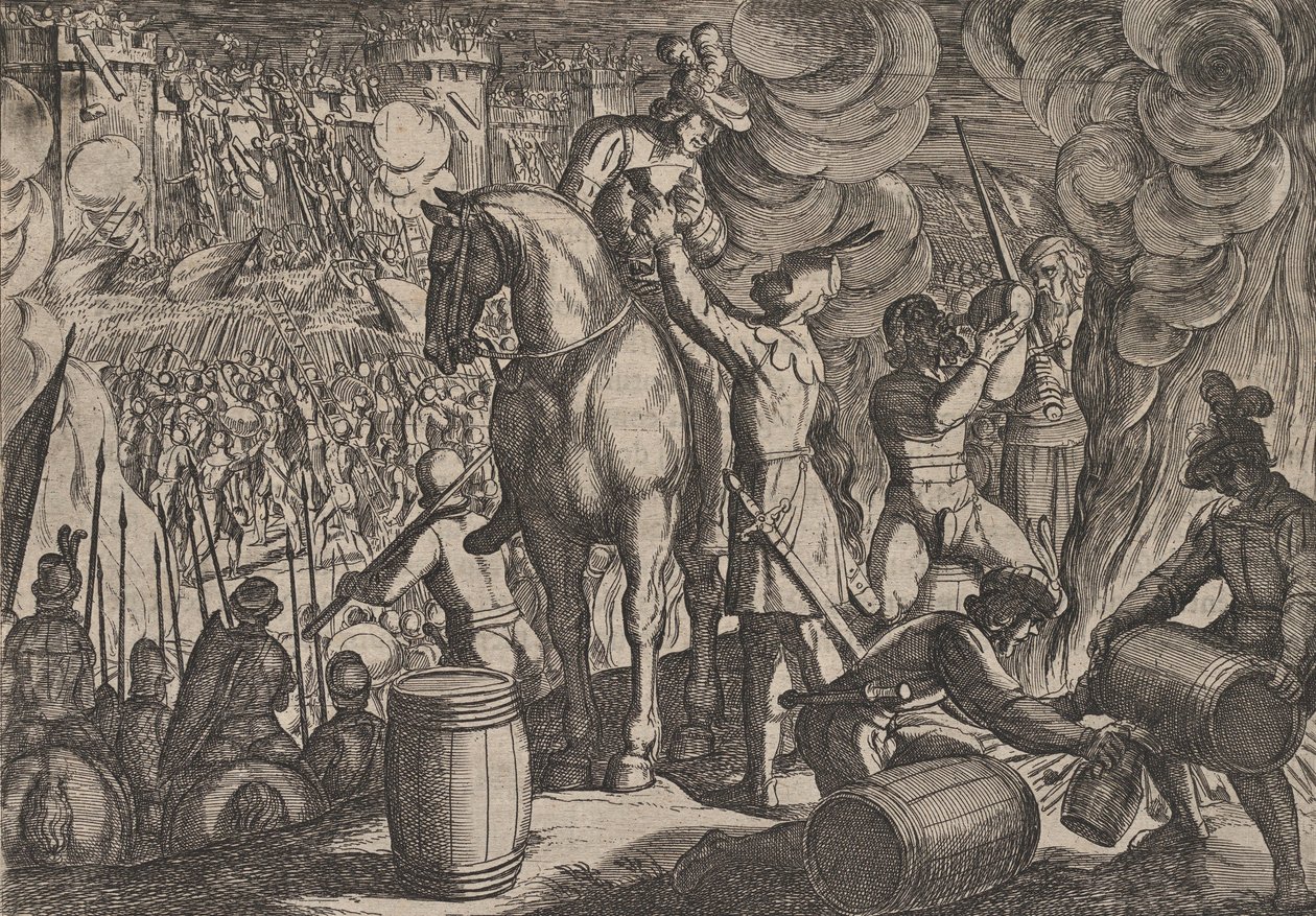 Plaat 13: Aanval op het Romeinse Fort in de Nacht, uit De Oorlog van de Romeinen tegen de Ba..., 1611 door Antonio Tempesta