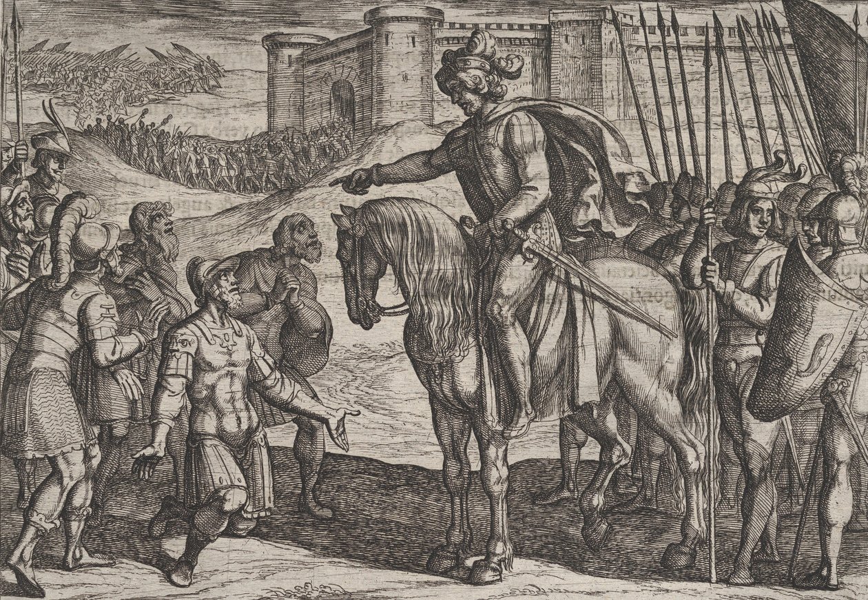 Plaat 19: Mannen van het Fort Geven Zich Over en Beloven Hun Levens aan Civilis, uit De Oorlog, 1611 door Antonio Tempesta