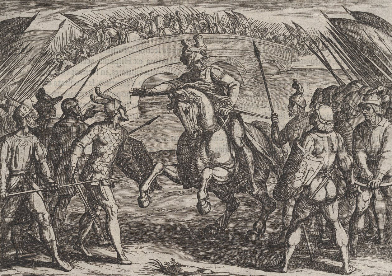 Plaat 22: Civilis scheidt Duitse en Nederlandse troepen, uit De oorlog van de Romeinen tegen de..., 1611 door Antonio Tempesta