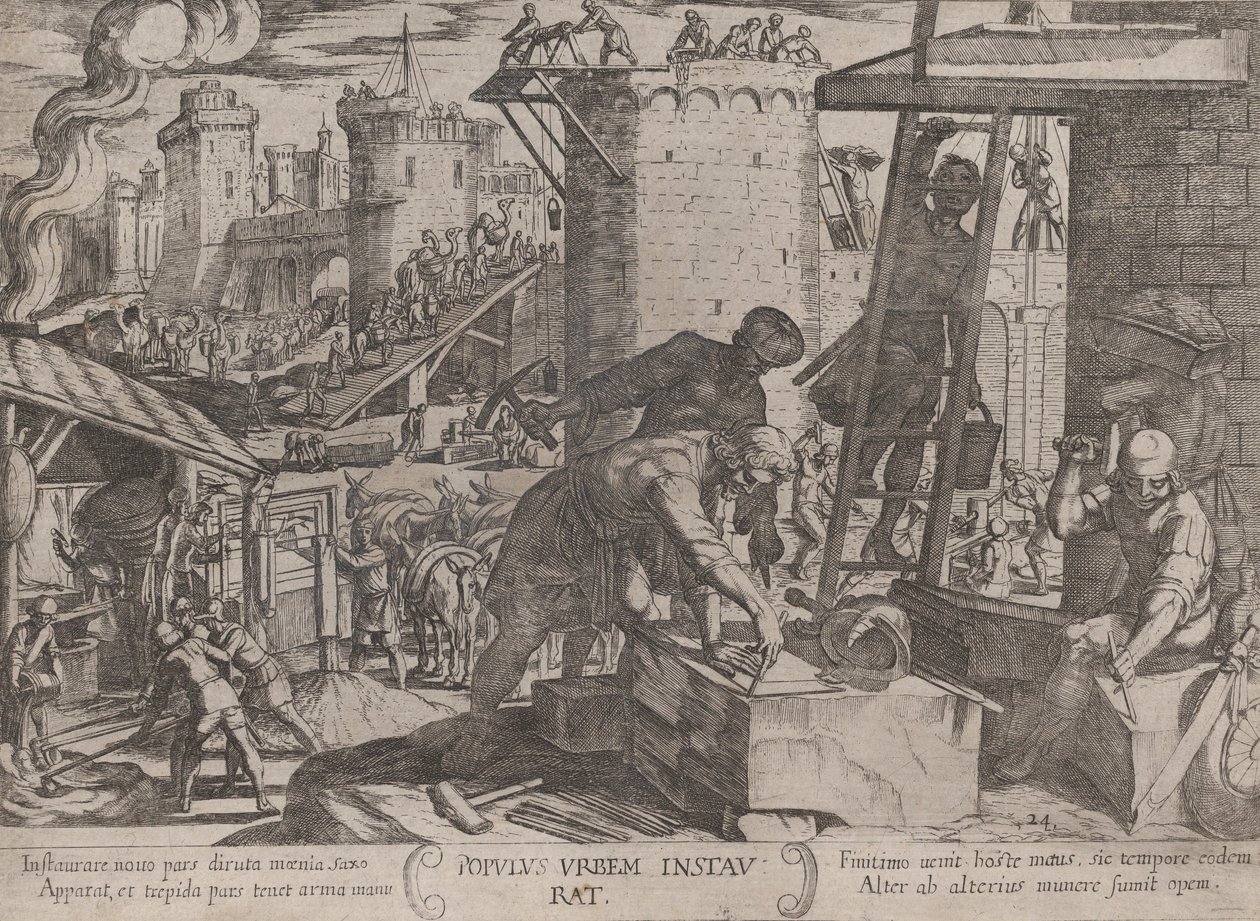 Plaat 24: De Israëlieten herbouwen de muren van Jeruzalem, uit 