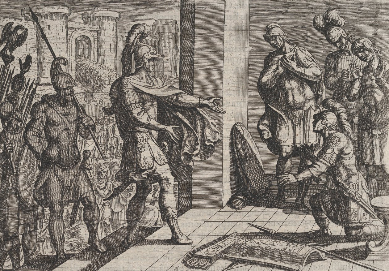 Cerialis vergeeft en helpt Romeinse soldaten die Civilis hebben geholpen, uit De Wa... door Antonio Tempesta