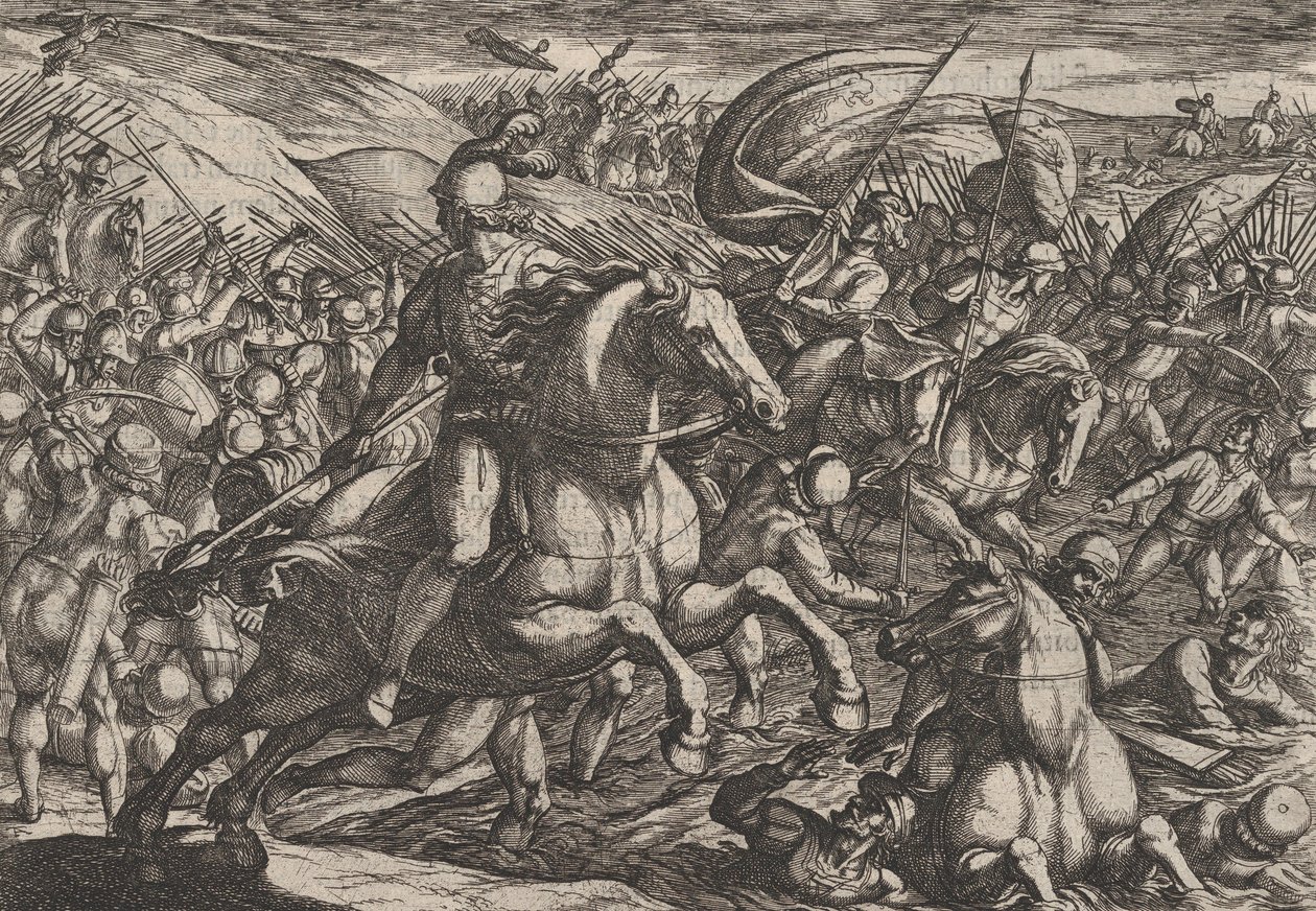 Plaat 30: Cerialis drijft de Nederlanders de Rijn in, uit De oorlog van de Romeinen tegen de..., 1611 door Antonio Tempesta