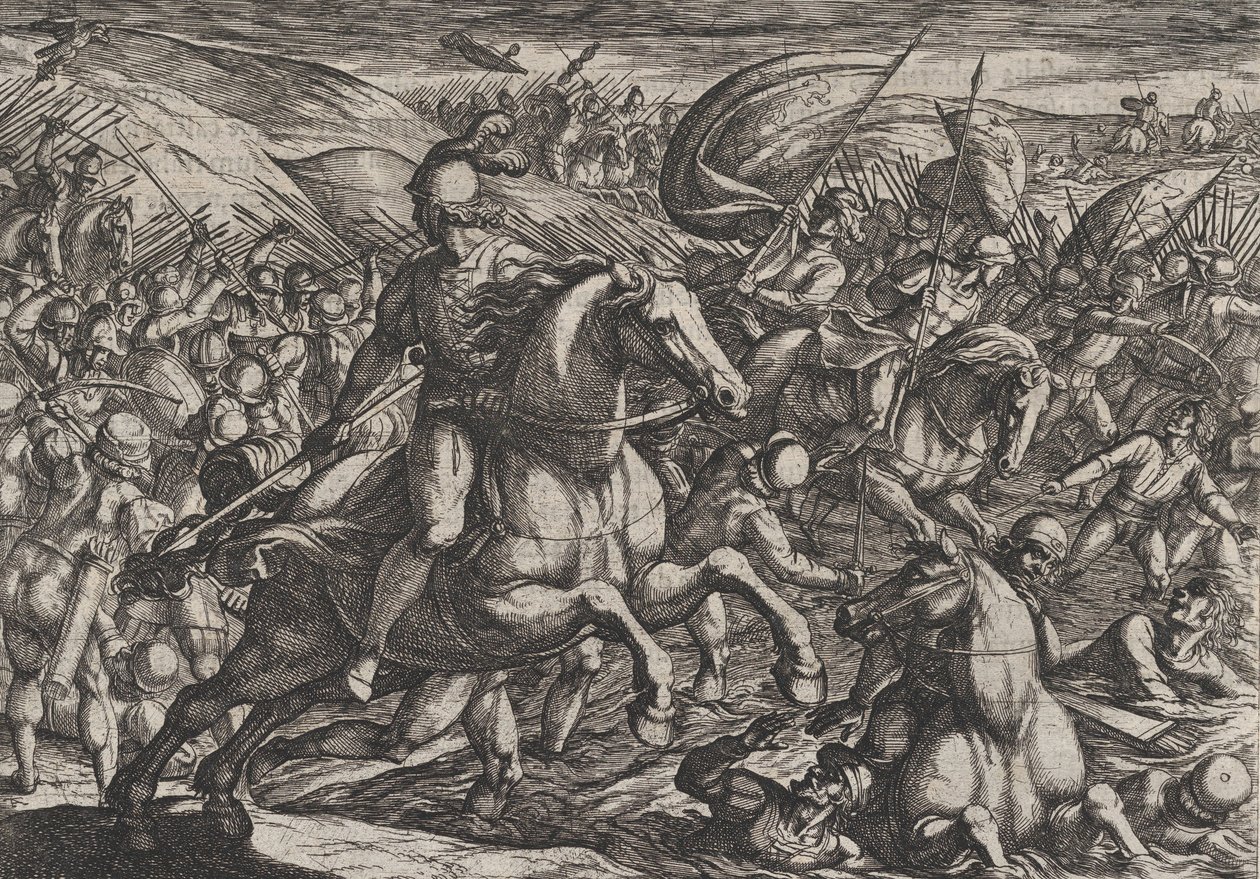 Plaat 30: Cerialis drijft de Nederlanders de Rijn in, uit De oorlog van de Romeinen tegen de..., 1611 door Antonio Tempesta