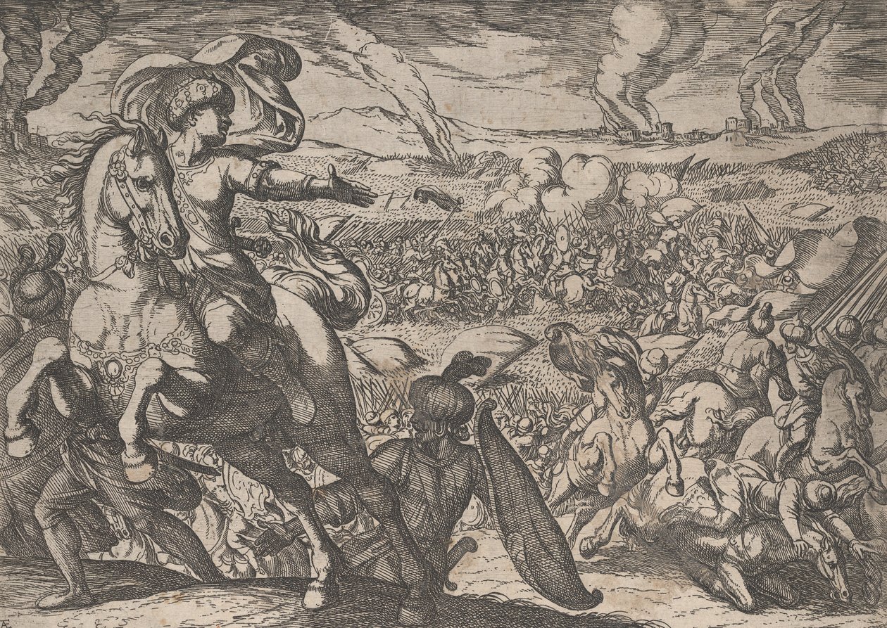 Plaat 6: Darius Vlucht van het Slagveld, uit De Daden van Alexander de Grote, 1608 door Antonio Tempesta