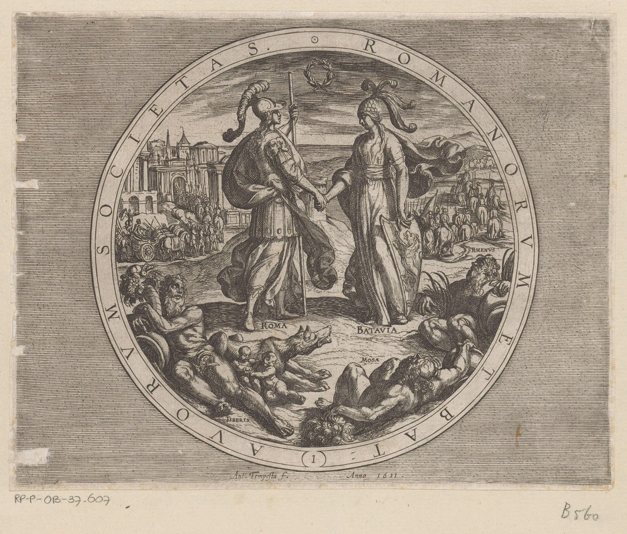 Roma en Batavia schudden elkaar de hand door Antonio Tempesta