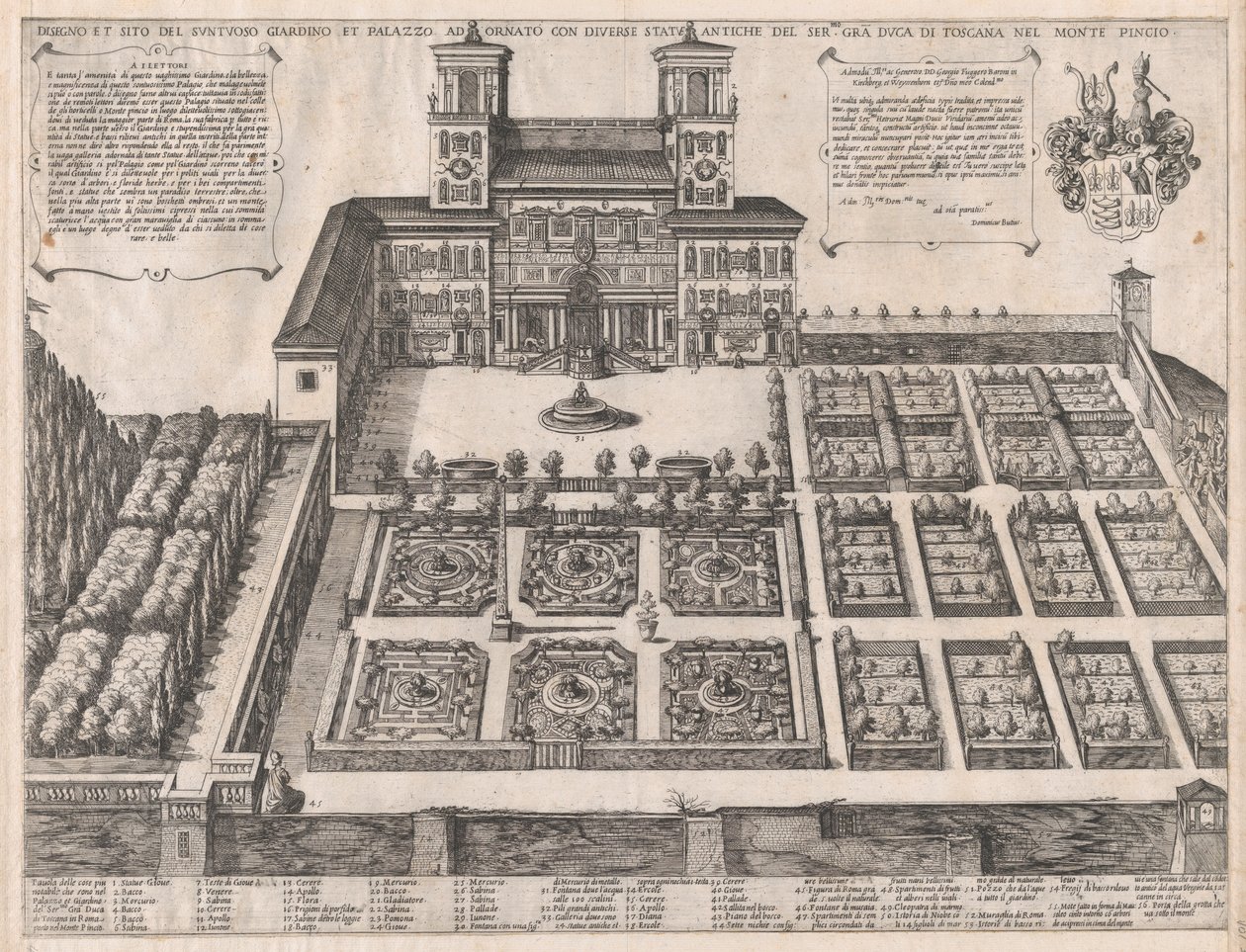 Speculum Romanae Magnificentiae: Monte Pincio Paleis en Tuinen, midden tot laat 16e eeuw door Antonio Tempesta