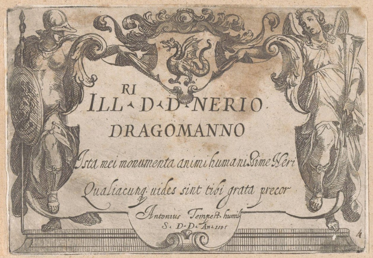 Titelprent met cartouche met opdracht, geflankeerd door Minerva en Faam door Antonio Tempesta