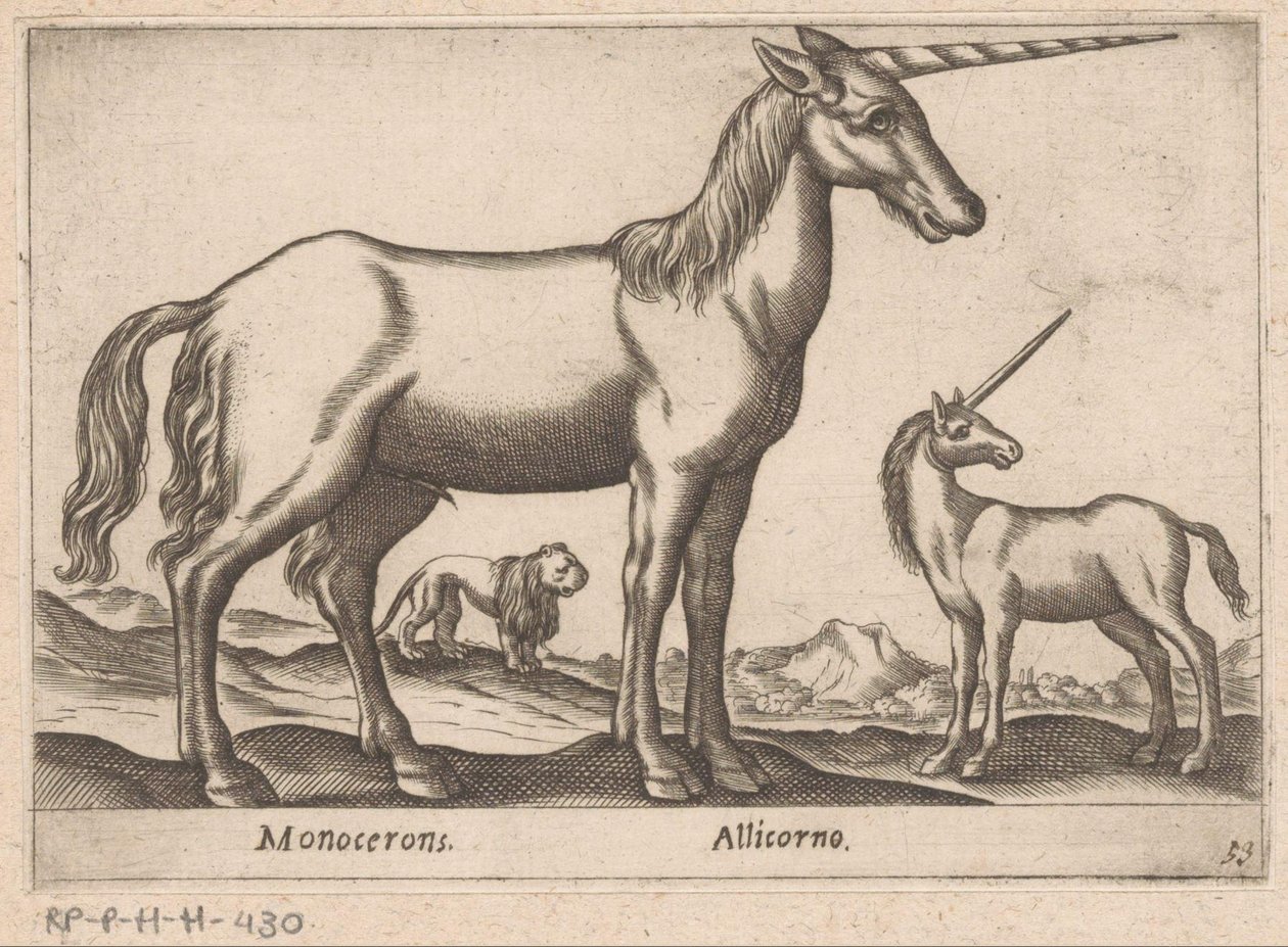 Twee eenhoorns en een leeuw door Antonio Tempesta