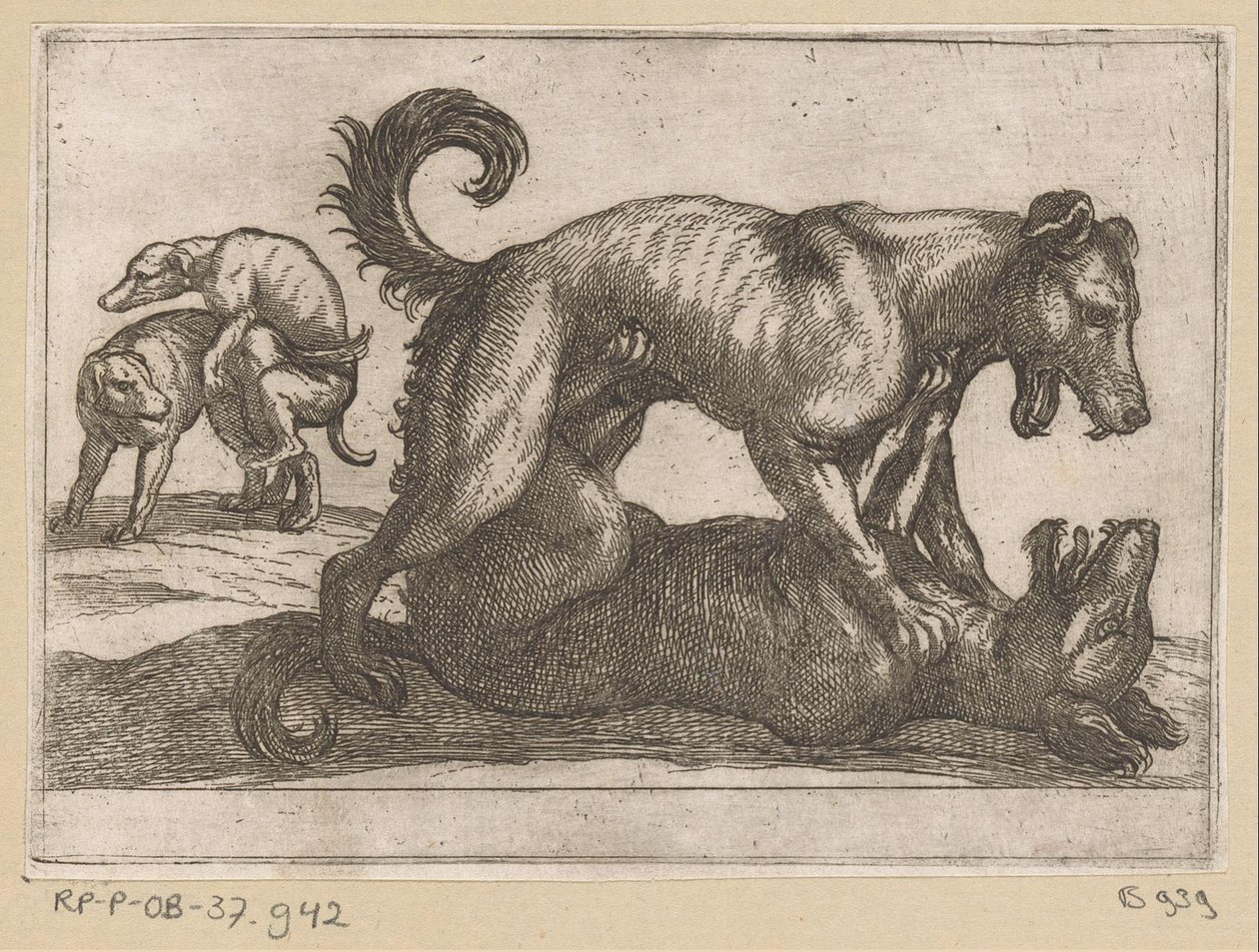 Twee parende en twee vechtende honden door Antonio Tempesta