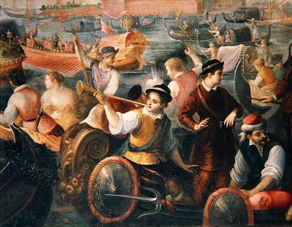 De ontscheping van Catarino Cornaro in Venetië in 1489 (detail) door Antonio Vassilacchi