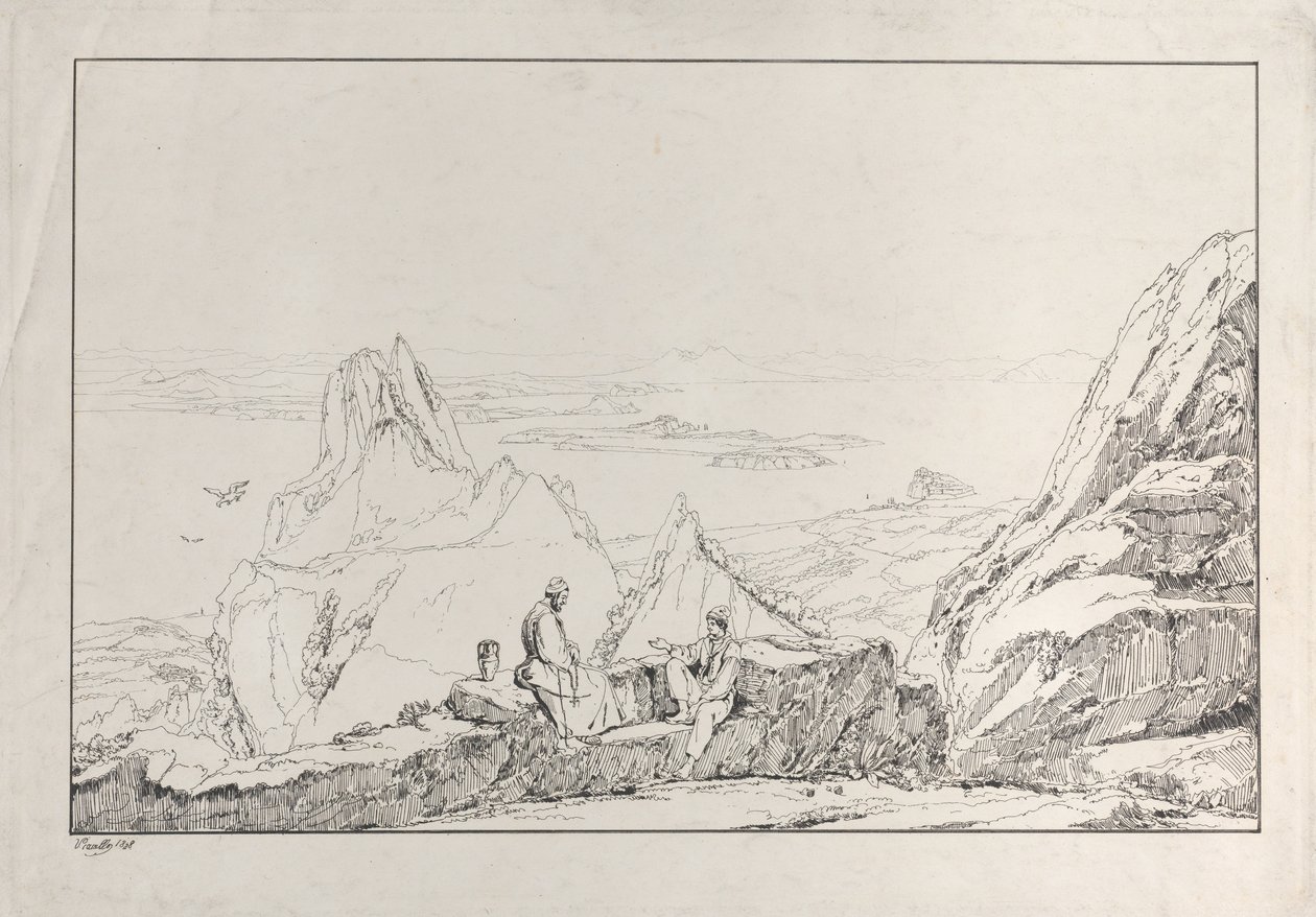 Bergachtig landschap met twee mannen op de voorgrond, 1828 door Antonio Vianello