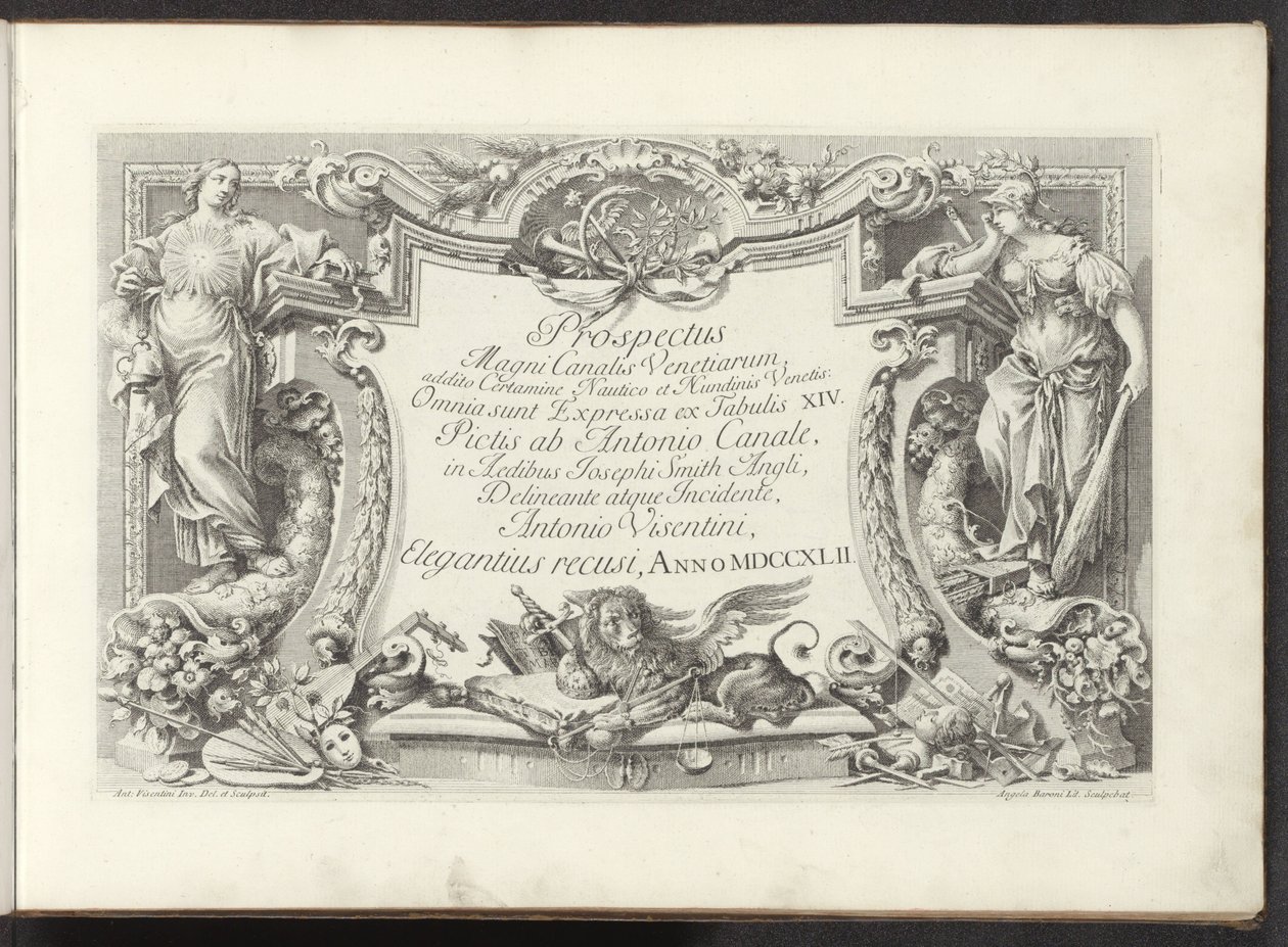 Titelprent met cartouche met Wijsheid en Kracht door Antonio Visentini