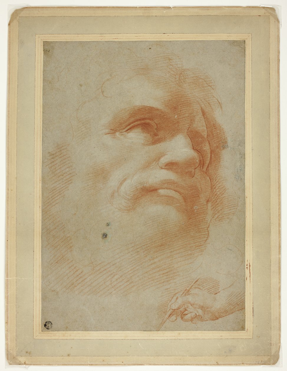 Mannelijk hoofd en schets van rechterhand die een stylus vasthoudt door Antonio da Correggio