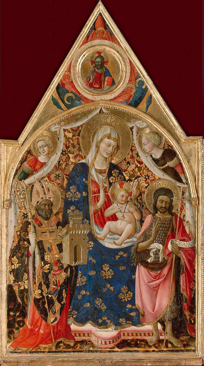 Madonna en Kind, met een bisschop, Johannes de Doper en engelen door Antonio da Firenze