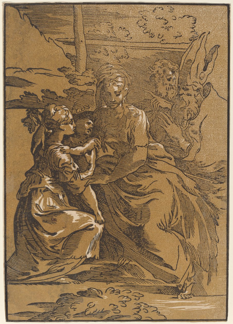 De Heilige Familie met twee heiligen door Antonio da Trento after Parmigianino