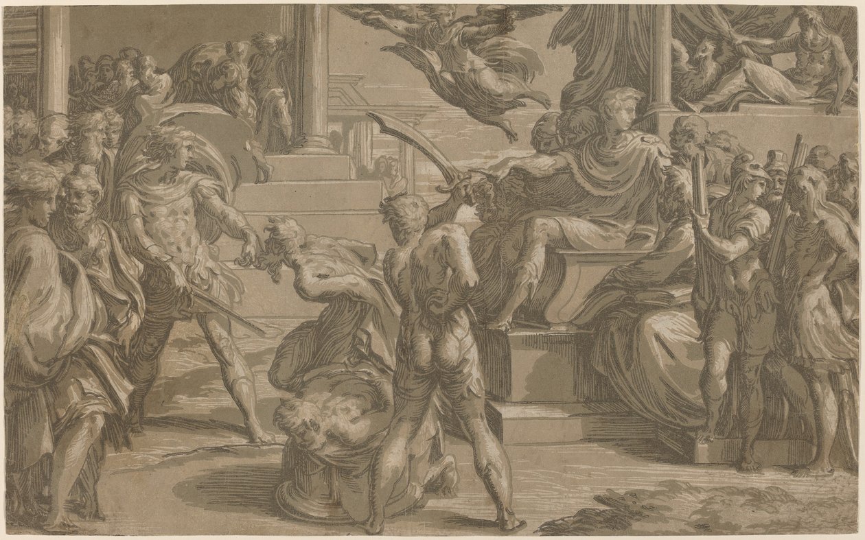 Het Martelaarschap van Sint Petrus en Paulus [recto] door Antonio da Trento after Parmigianino