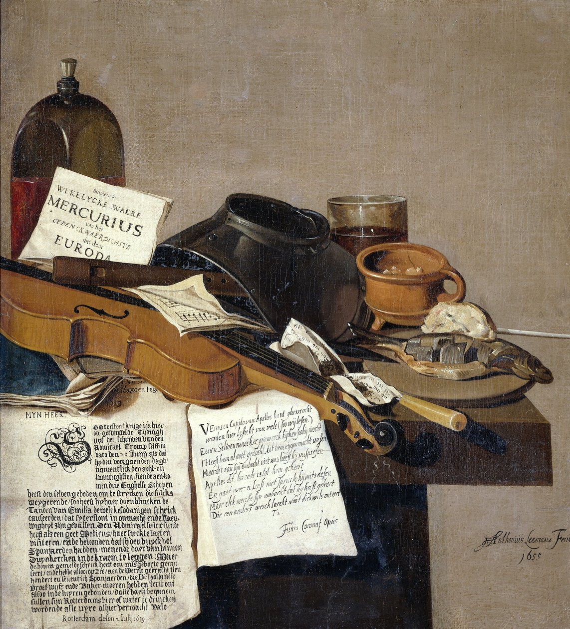 Stilleven met Pamfletten, een Viool, Fluit, Voedsel en Pamfletten door Antonius Leemans