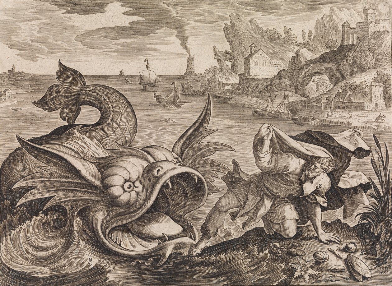 Jona aan land gezet door de vis door Antonius Wierix
