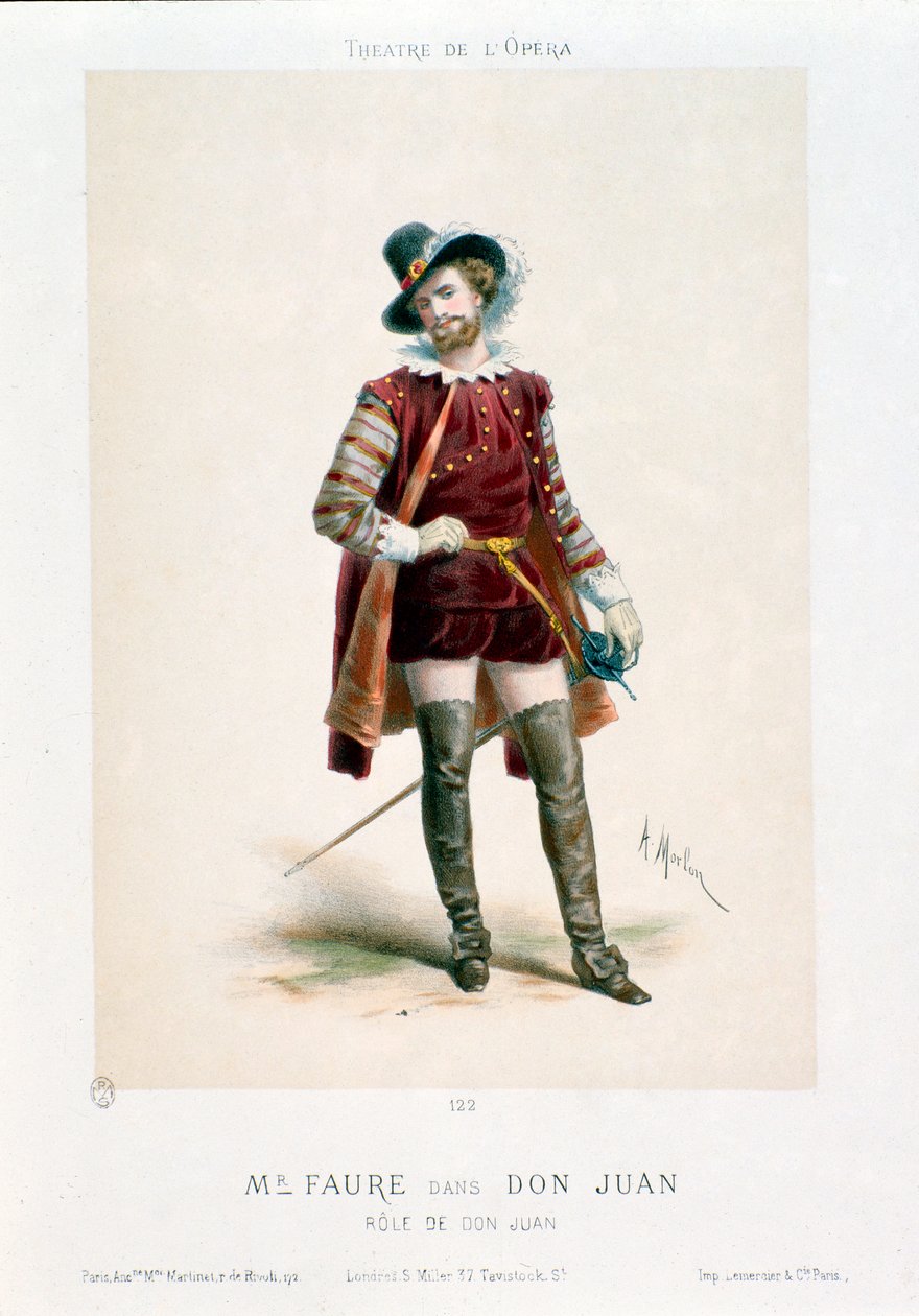 Zanger Jean-Baptiste Faure (1830-1914) als Don Giovanni in de opera van Wolfgang Amadeus Mozart tijdens een uitvoering in het Opera Theatre in Parijs door Antony Paul Emile Morlon
