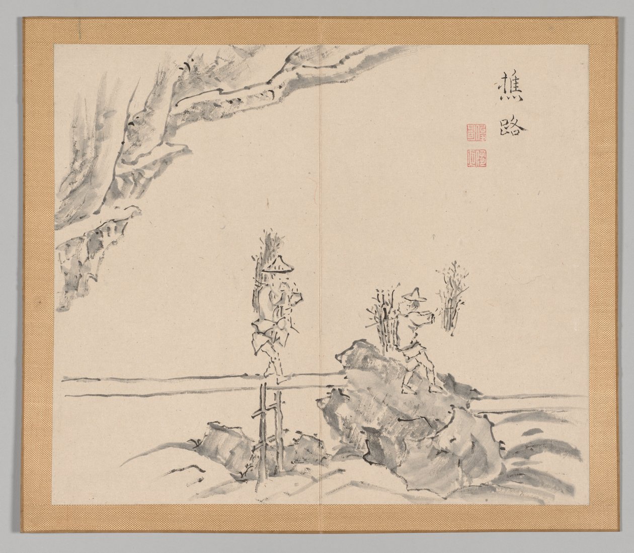 Dubbel album van landschapsstudies na Ikeno Taiga, Volume 1 blad 32, 18e eeuw door Aoki Shukuya