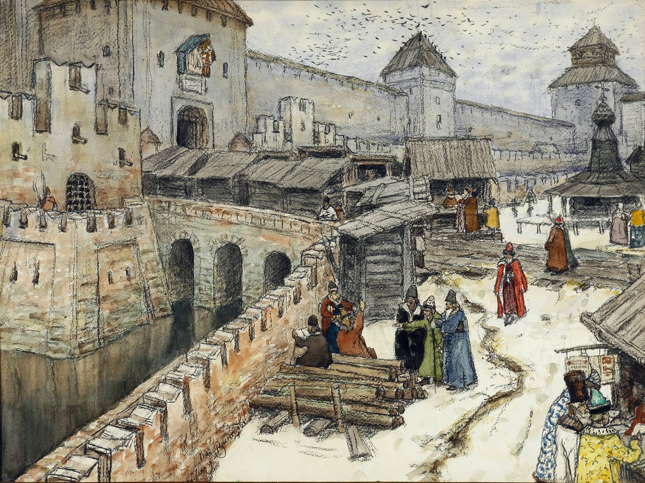 Moskou in de 17e Eeuw. Boekwinkels op de Christus de Verlosser Brug door Apollinari Mikhailovich Vasnetsov